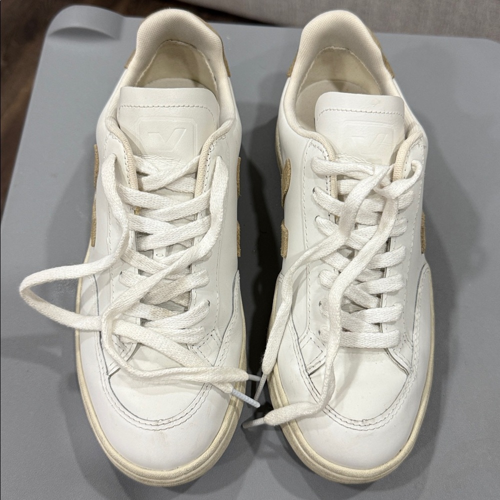VEJA V-12 Leather Sneakers in White/Dune - Women’s Size 7 - Picture 2 of 7